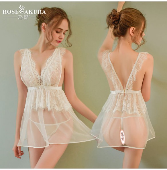 FEE ET MOI Sexy Backless Lace Seethrough Body Sleepwear (White)